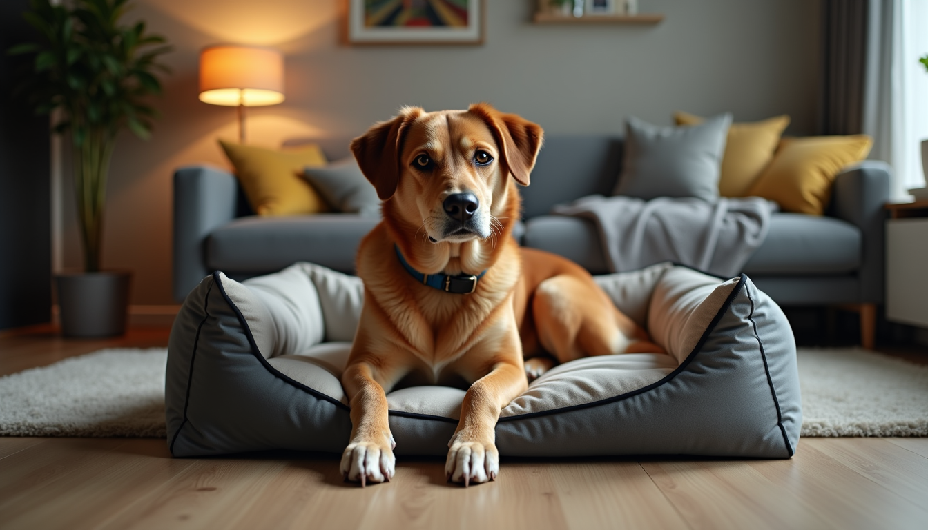 Golden retriever resting comfortably in a wire dog crate with a soft bed inside a modern living room