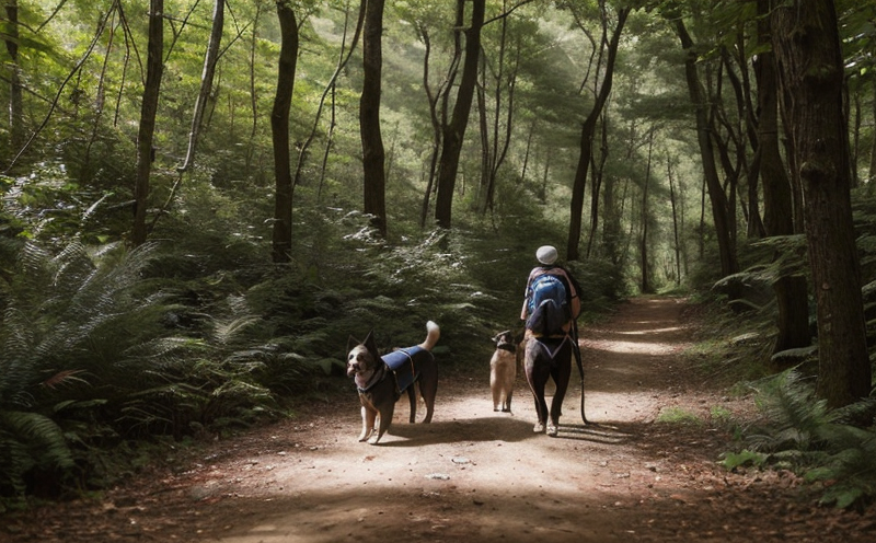 Dog carrying a backpack with water bottles on a hiking trail
