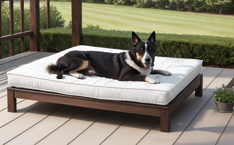 Dog lying on an elevated cot style dog bed on a patio