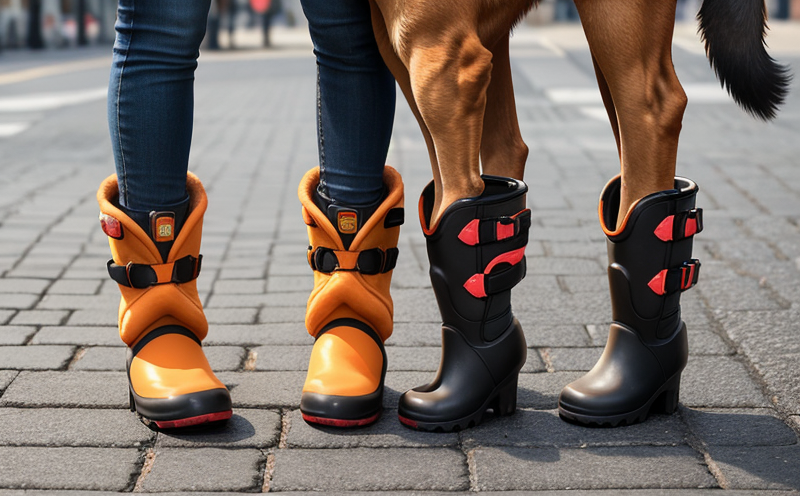 Dog paws wearing flexible boots on hot summer pavement