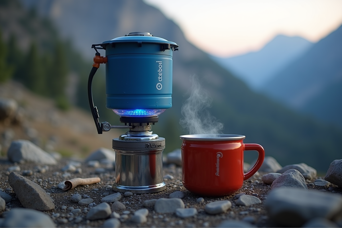 Jetboil integrated cooking system boiling water at a mountain campsite
