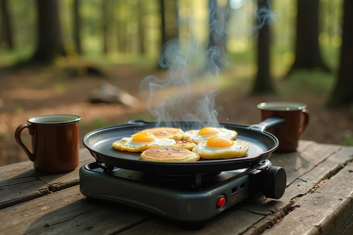 Two-burner camp stove cooking breakfast at a forest campsite
