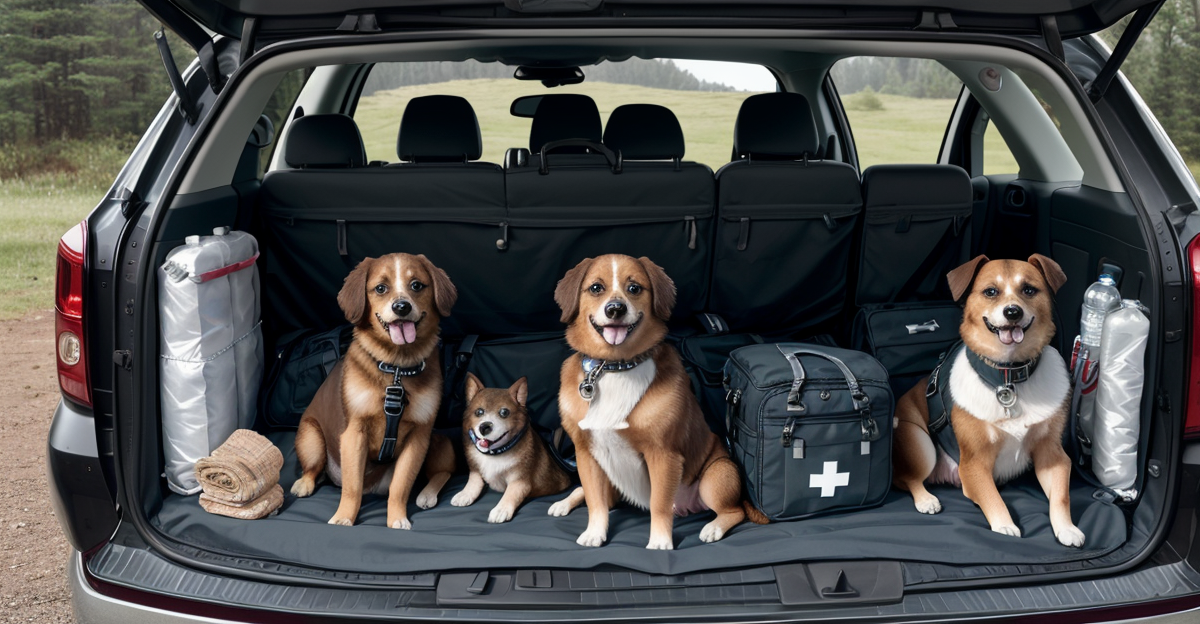 Open car trunk with dog emergency supplies organized for travel
