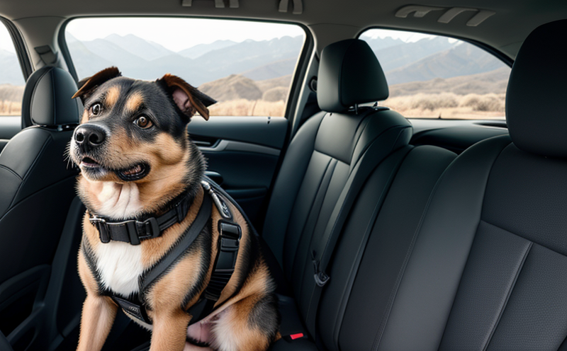 Dog wearing safety harness strapped into car back seat