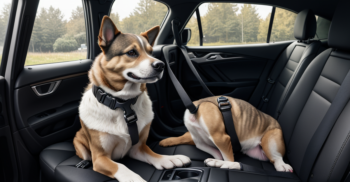 Dog wearing a crash-tested car safety harness secured in the back seat