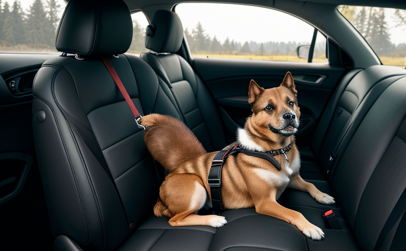 Dog safely strapped into car back seat