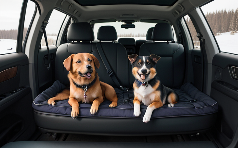 Dog comfortably settled on a travel bed in the back seat of an SUV with harness attached to seatbelt