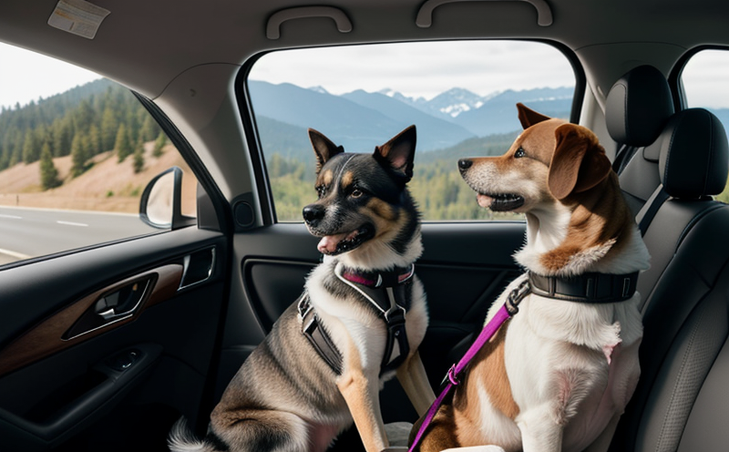 Calm dog wearing a car harness looking out the window during a scenic road trip