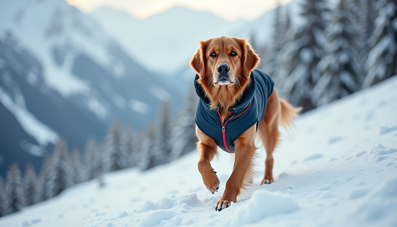 Dog wearing cold weather gear and sweater