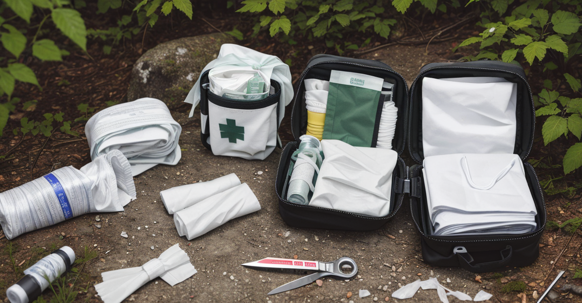 Organized dog first aid kit opened on a hiking trail