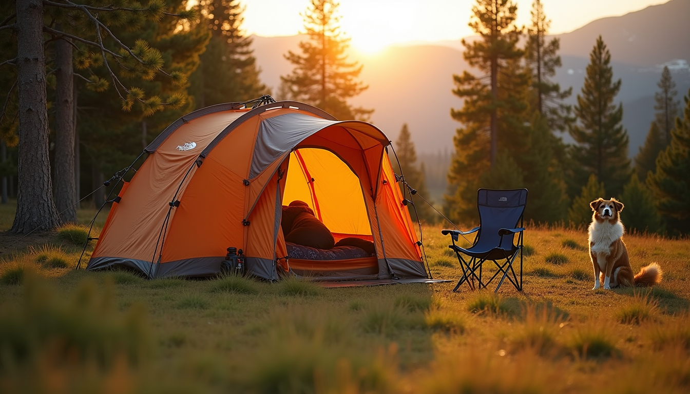 Camping tent set up in mountain meadow at golden hour