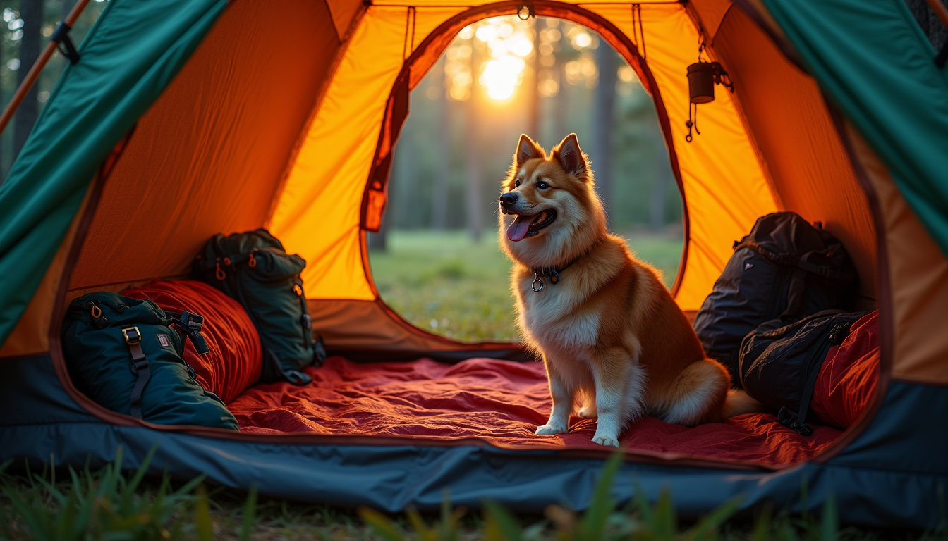 Camping tent interior showing vestibule with organized gear