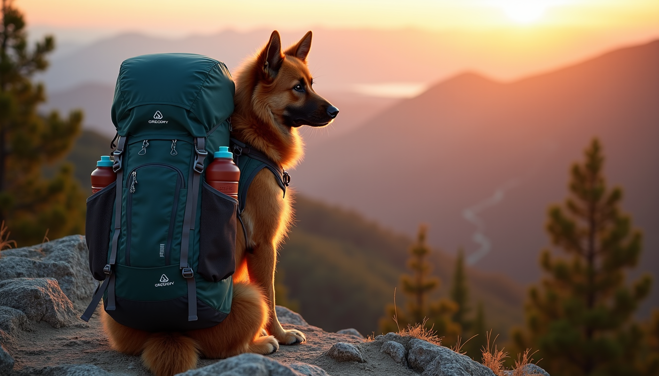 Hiking backpack on mountain overlook at sunrise