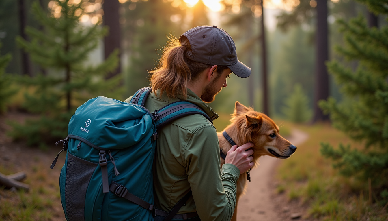 Hiker adjusting backpack straps on mountain trail