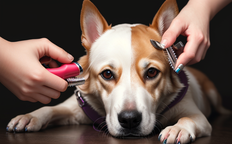 A small dog being cleaned with waterless no-rinse dog shampoo foam applied to its coat, the owner's hands gently massaging the foam in a living room, no water or bathtub visible