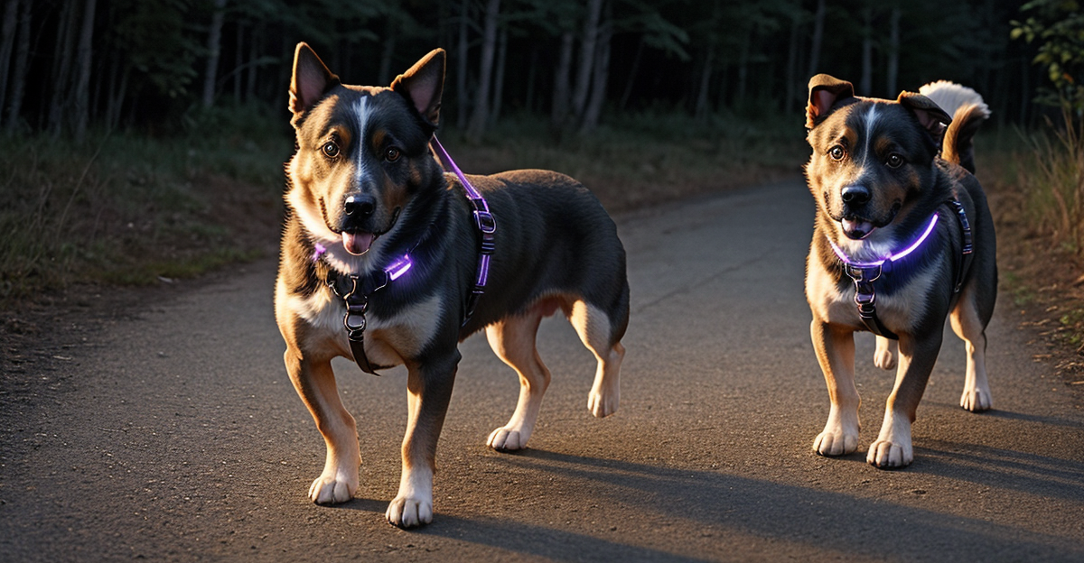Dog with LED reflective harness at dusk