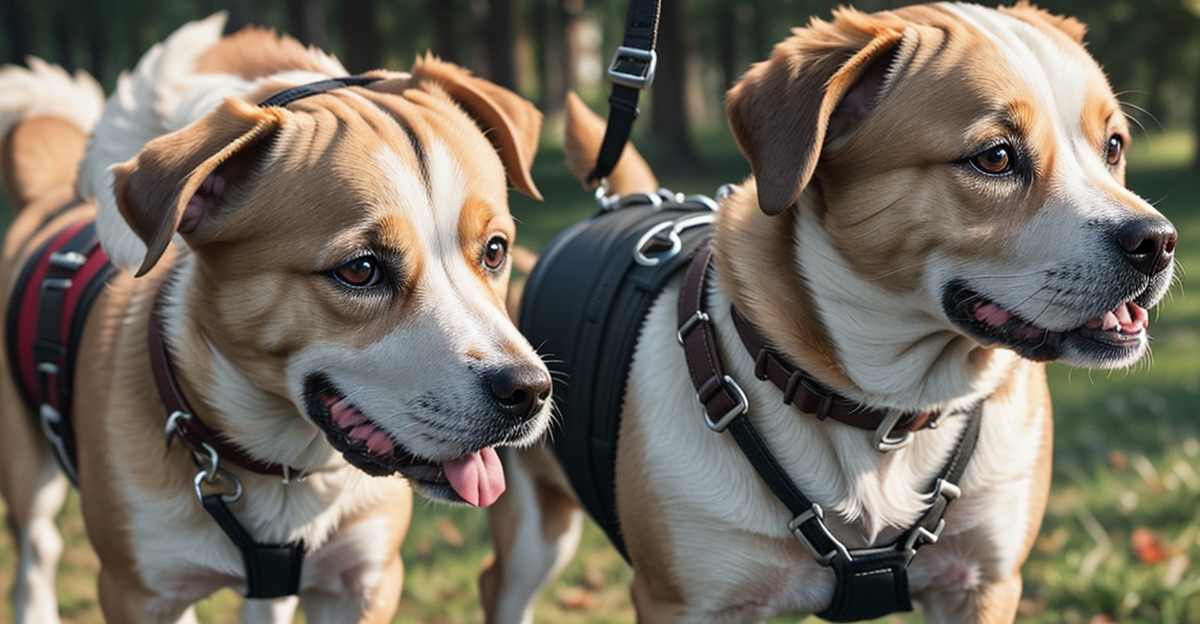 Dog wearing no-pull harness on walk