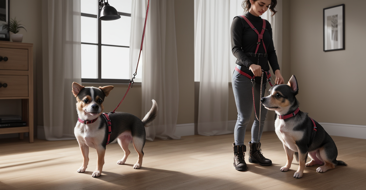 Dog being fitted with step-in harness