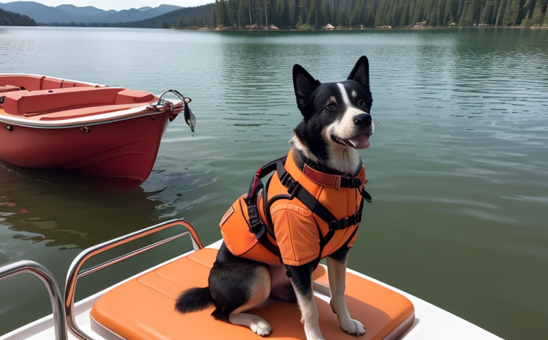 Small dog wearing blue life jacket in a backyard swimming pool