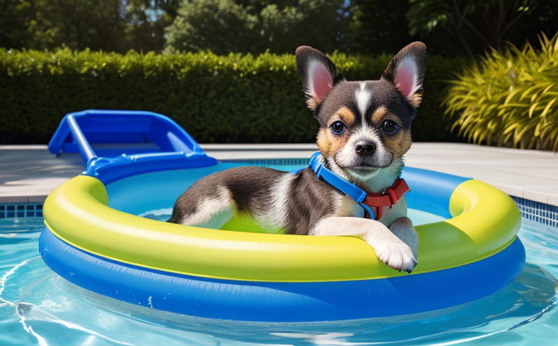 Small dog wearing blue life jacket in a backyard swimming pool