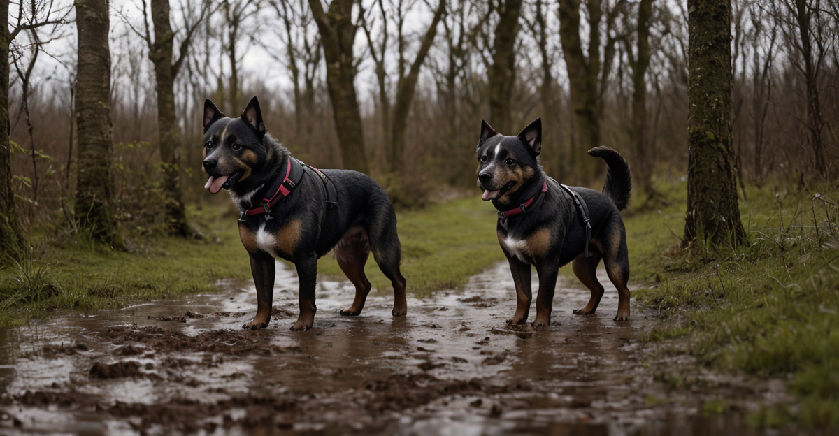 Waterproof dog boots on muddy trail