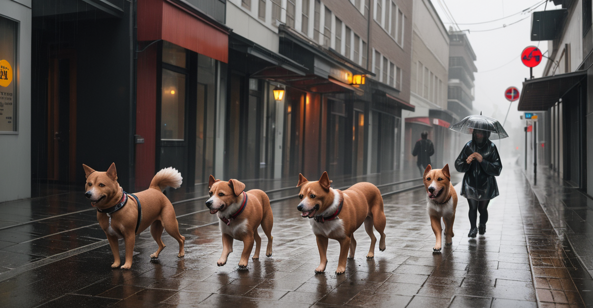 Dogs wearing waterproof raincoats walking in the rain