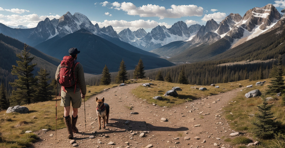 Dog wearing trail boots on rocky path
