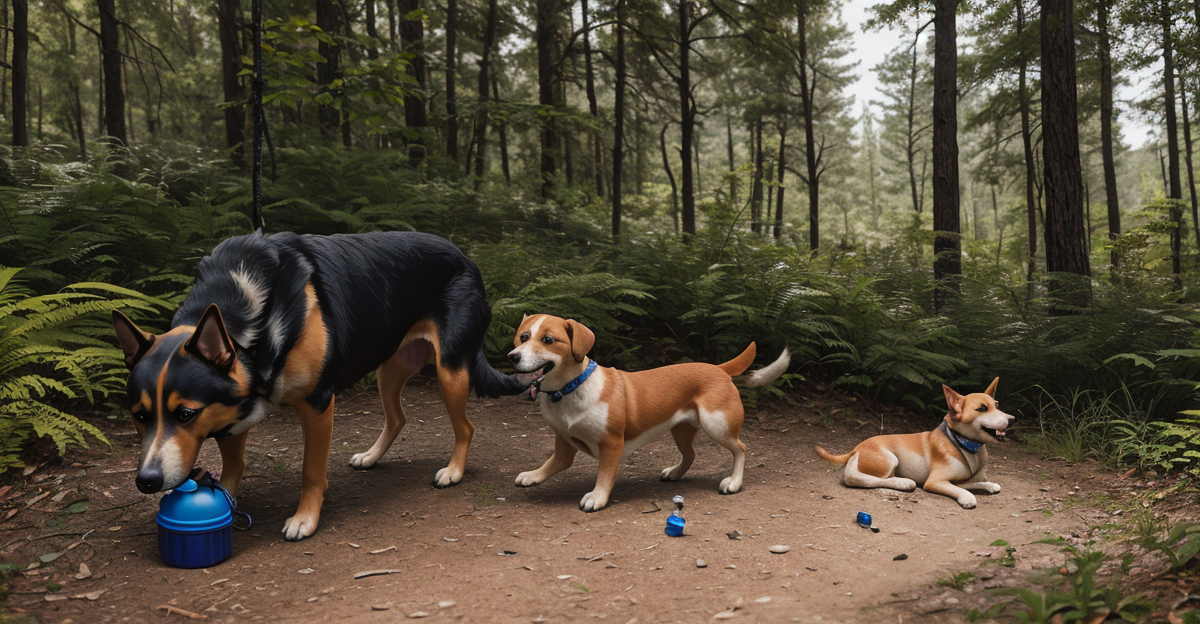 Dog drinking from collapsible bowl on trail