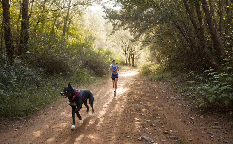Person and dog running together on a forest dirt trail at a steady pace