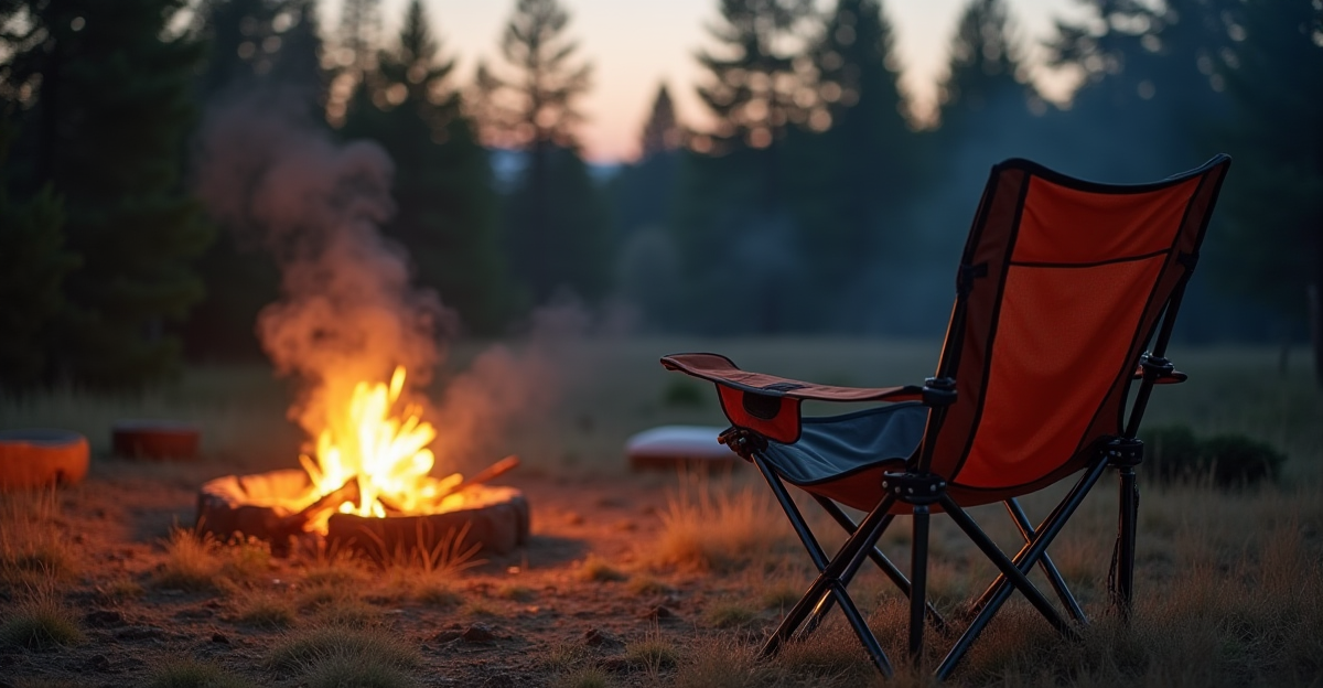 Camp chair at a campsite next to a warm campfire at dusk