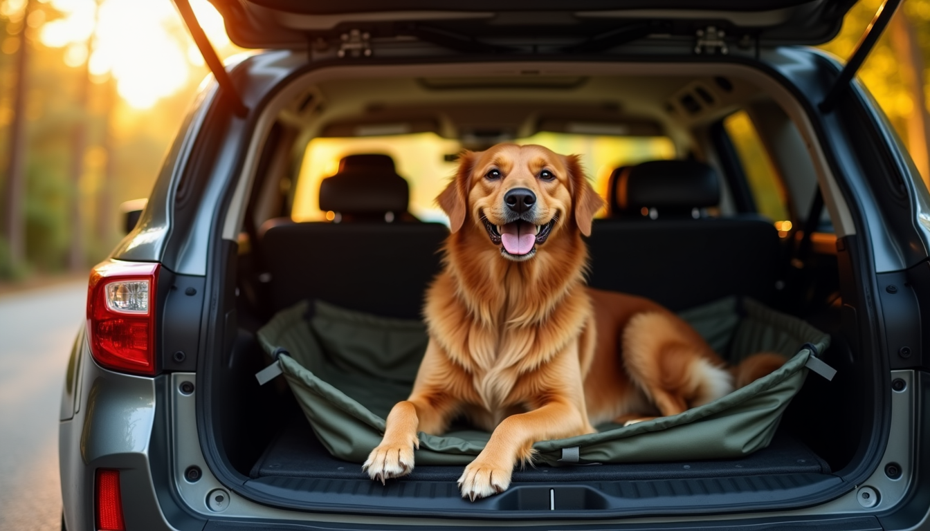Golden retriever on waterproof hammock-style car seat cover at trailhead