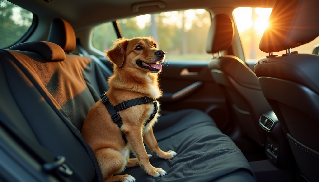 Close-up of buckle straps securing dog car seat cover to headrest