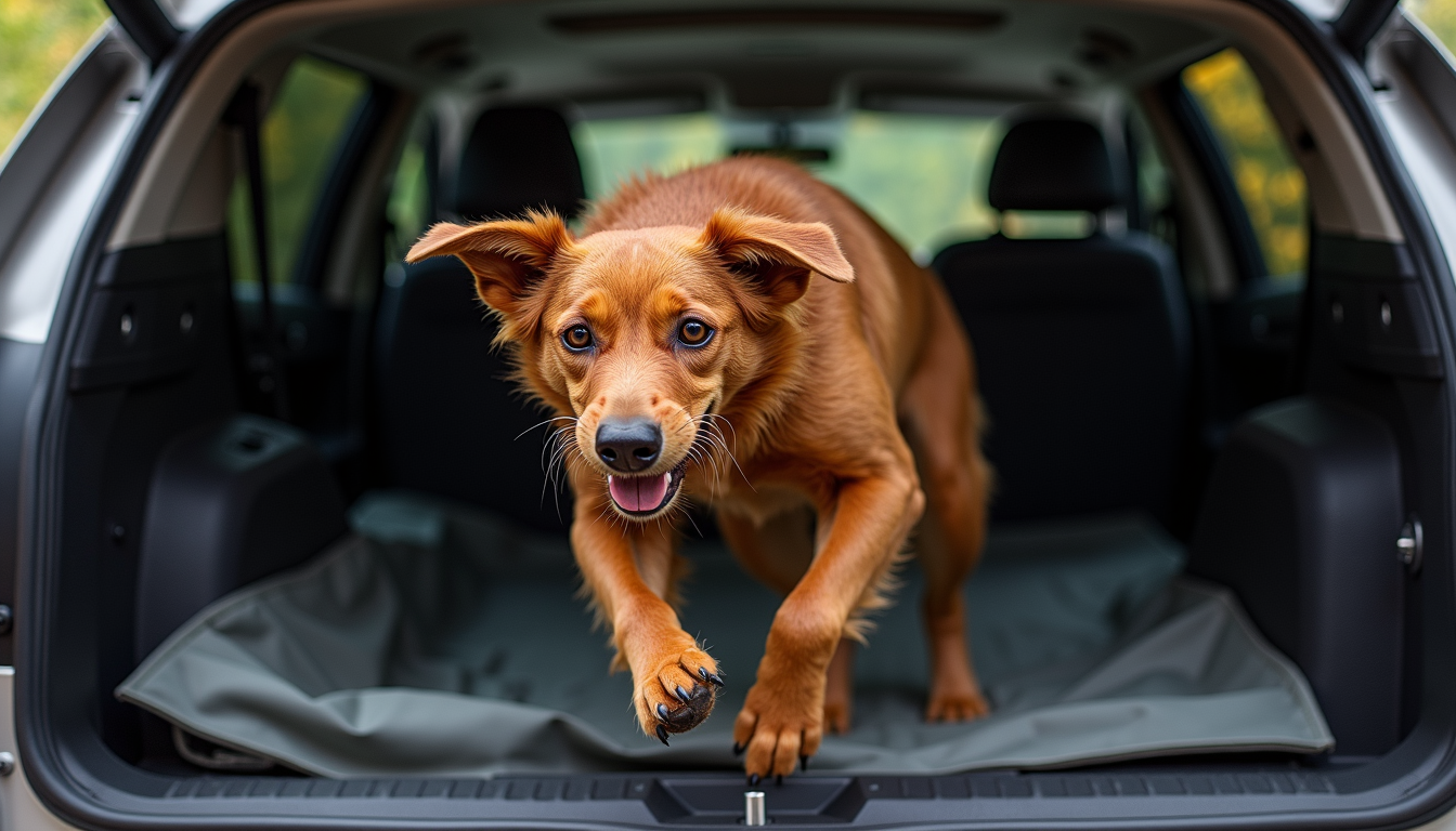 Muddy dog jumping into SUV with waterproof seat cover after hiking