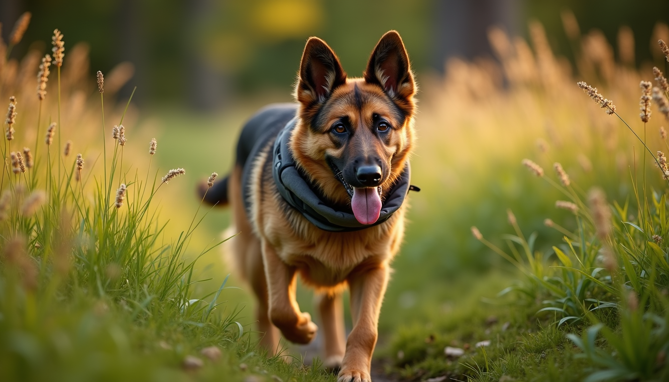 German Shepherd wearing flea and tick prevention collar in grassy meadow