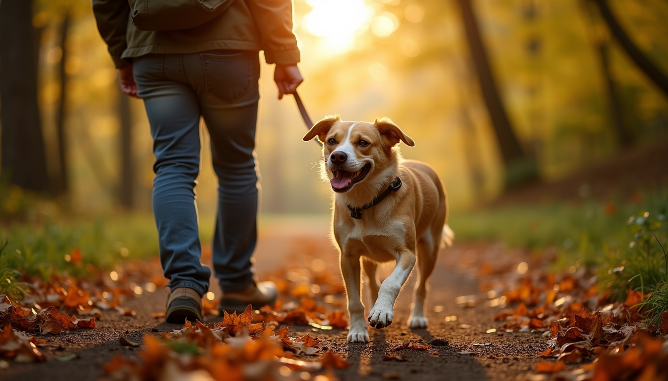 Dog and owner hiking through autumn forest trail for flea and tick prevention
