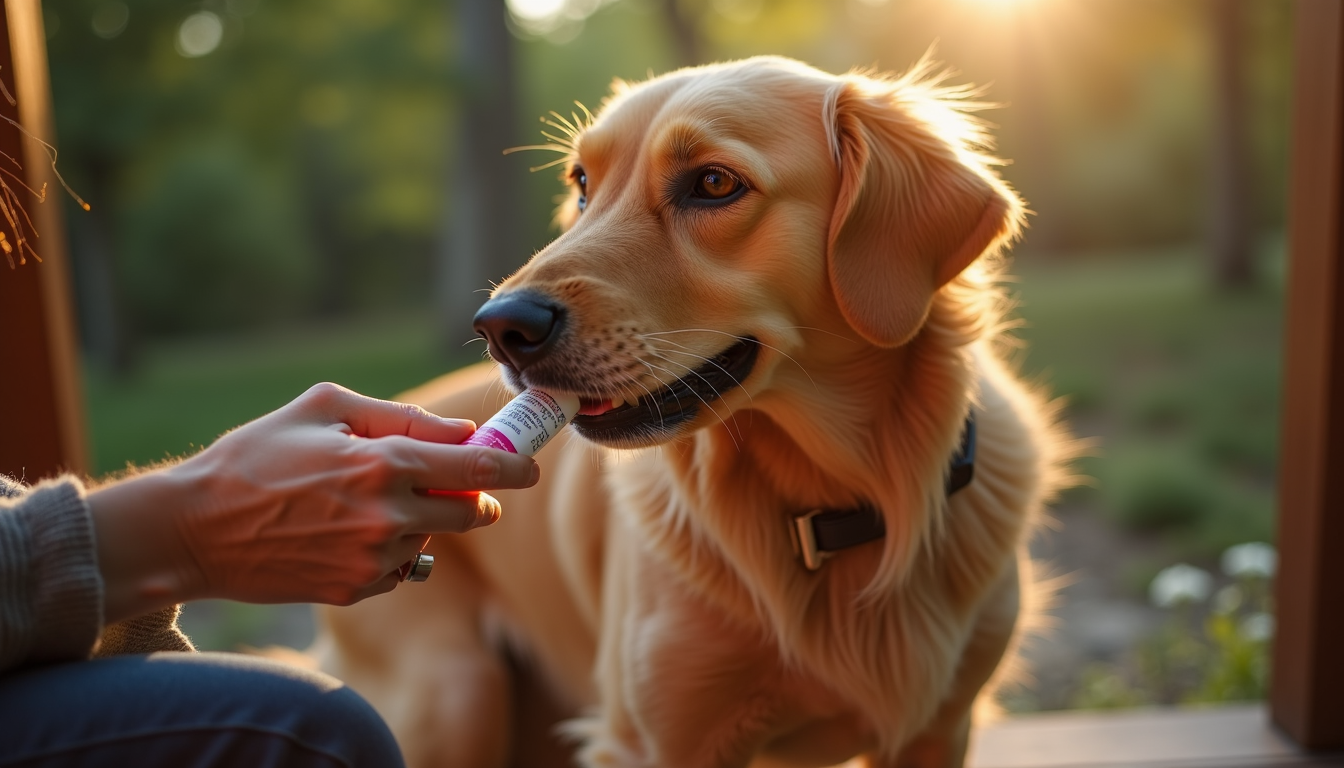 Dog owner applying topical flea prevention medication to golden retriever