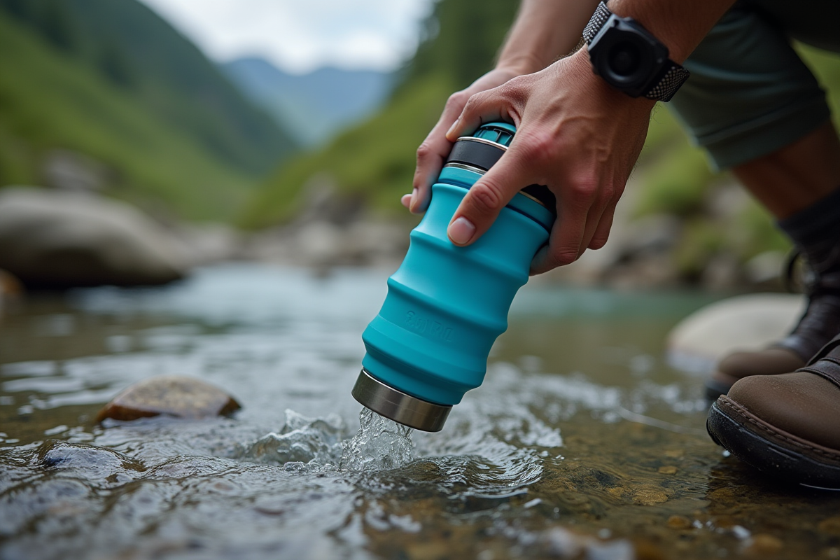 Collapsible water bottle being filled from a mountain stream