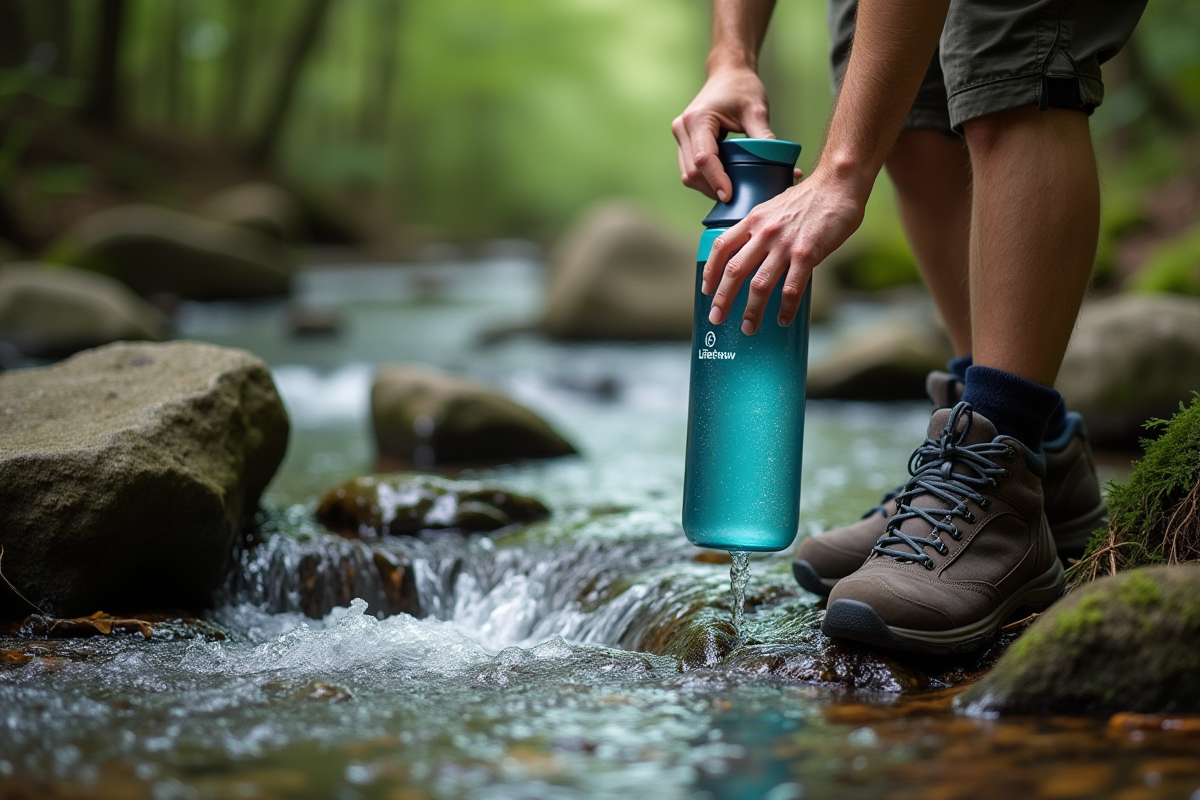 LifeStraw water filter bottle being used at a forest stream