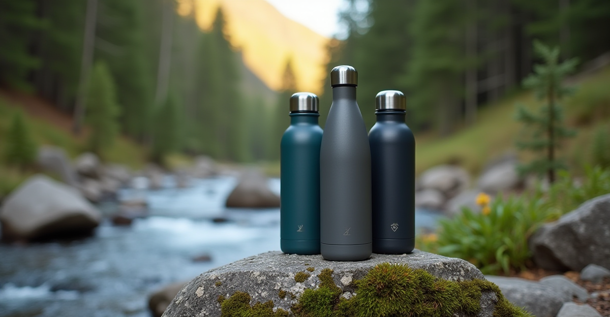Insulated water bottles on a mossy rock beside a mountain stream