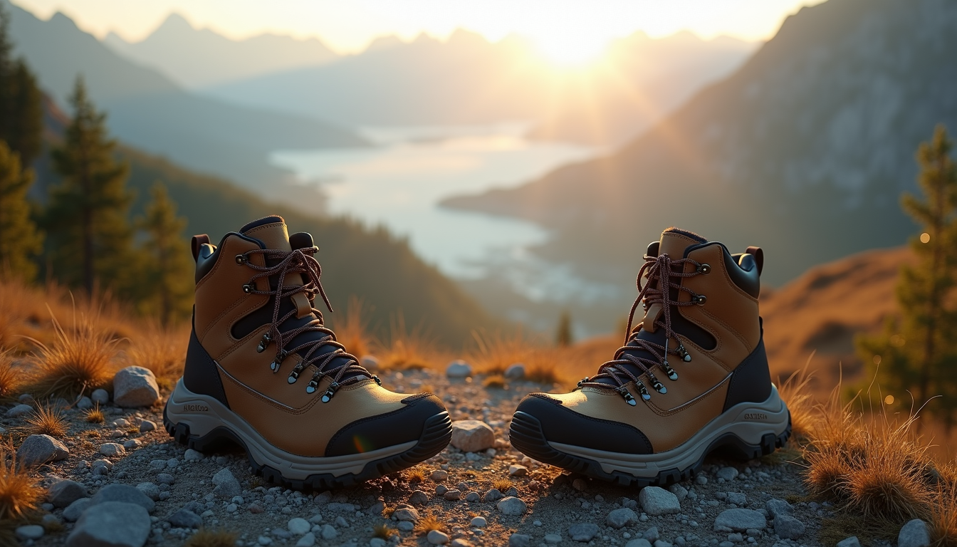 Hiking boots on rocky mountain trail with scenic vista