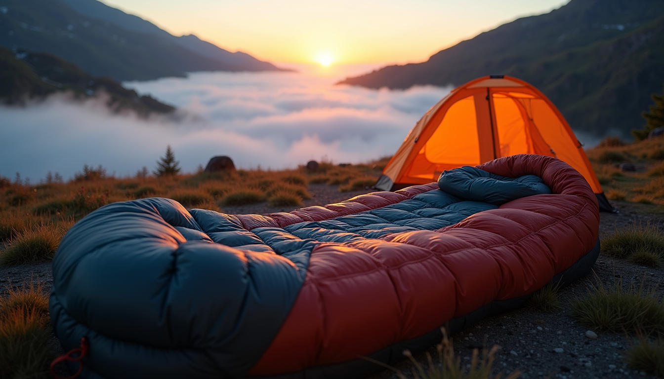 Sleeping bag at mountain campsite at dawn with mist in valley