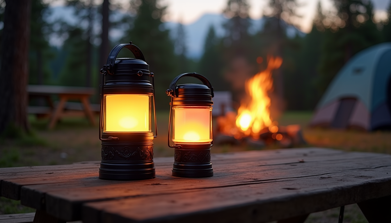 Multiple camping lanterns arranged on a wooden picnic table at dusk