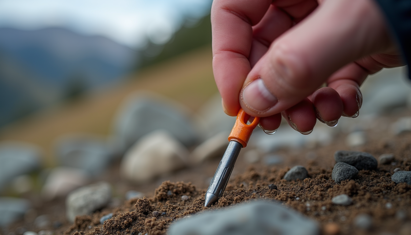 Hand pulling titanium shepherd hook tent stake from rocky mountain soil