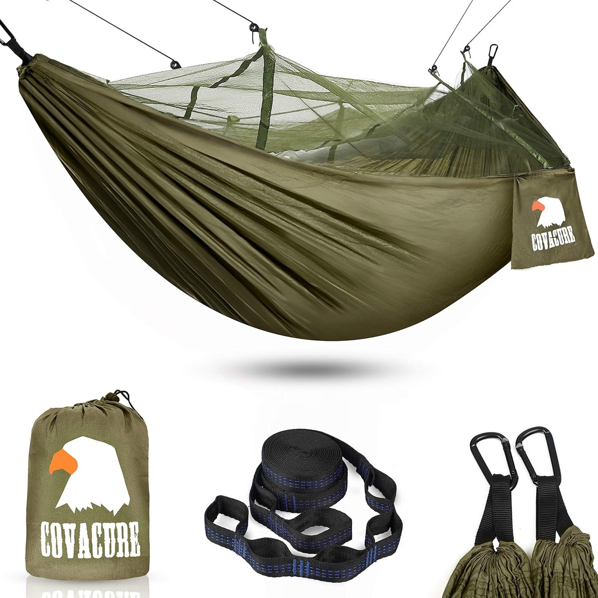 Covacure double camping hammock with integrated mosquito net and tree straps