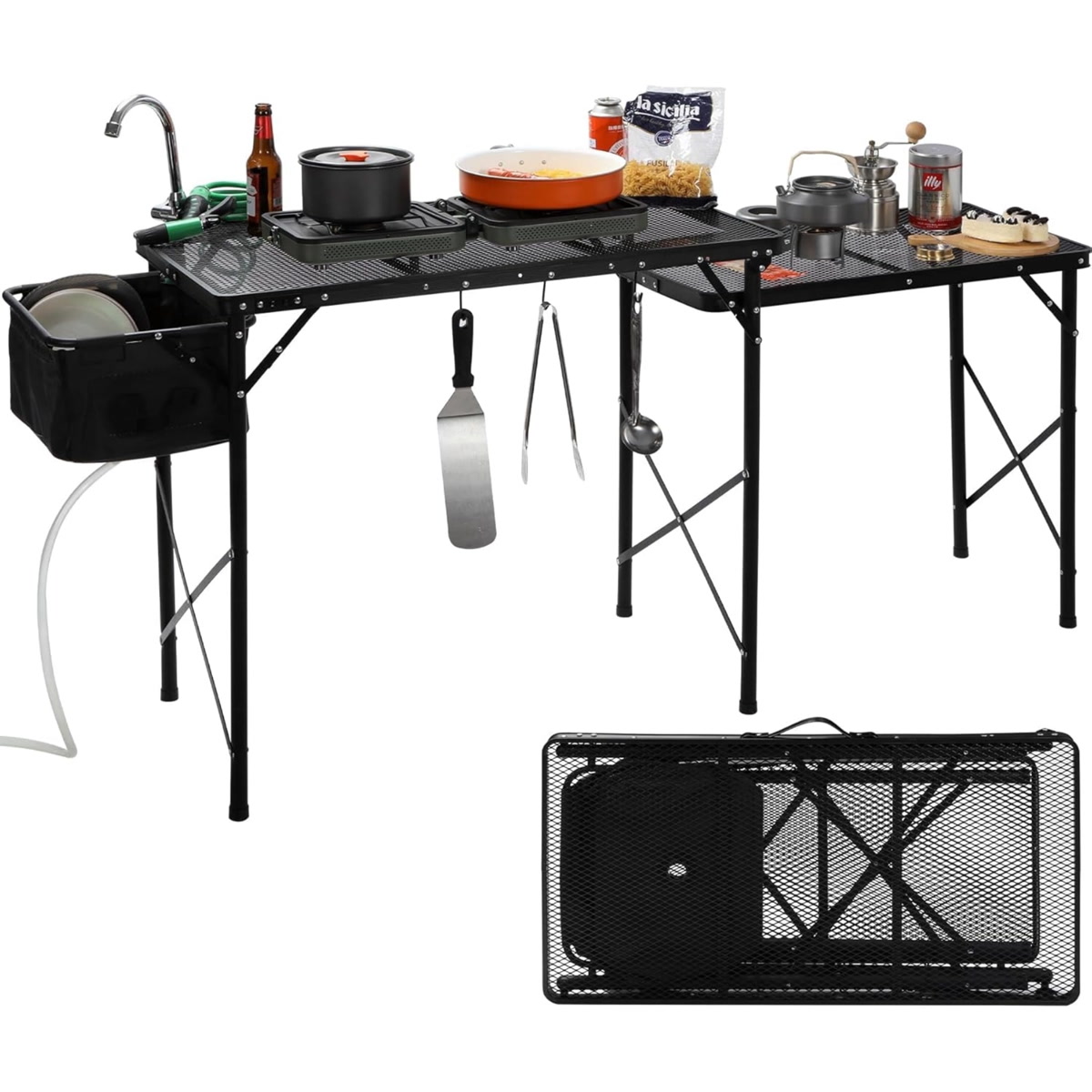 REDCAMP camping kitchen table with built-in sink and faucet set up at a forest campsite