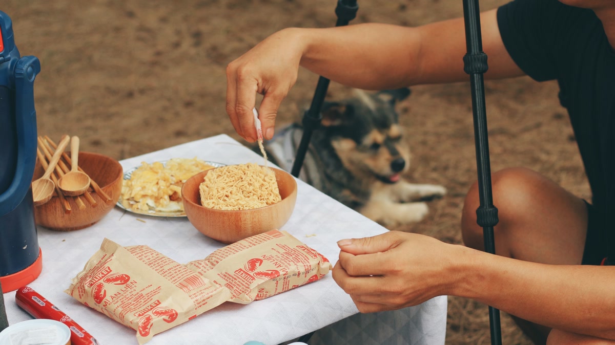 Collapsible dog water bowl and food container sitting on a camp table outdoors