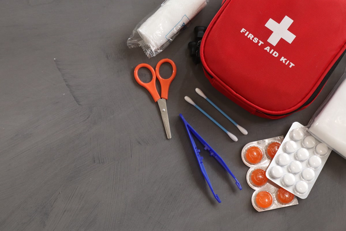 Dog first aid kit with bandages, antiseptic, and tick removal tools laid out on a rock at camp