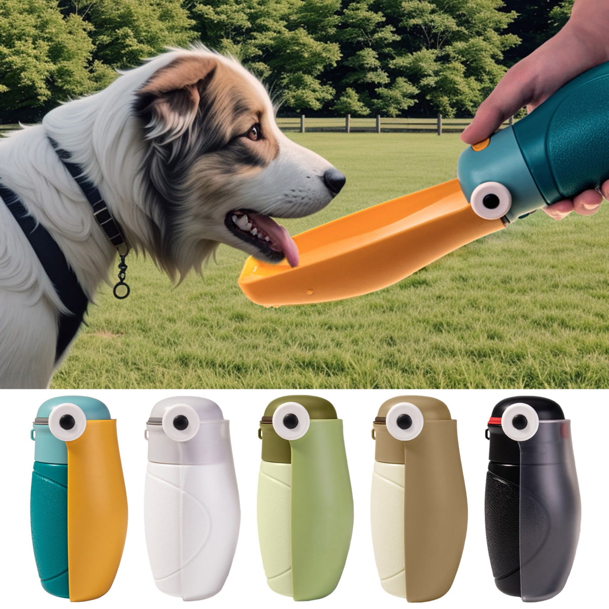 Dog eating from a travel bowl at a campsite with tent in background