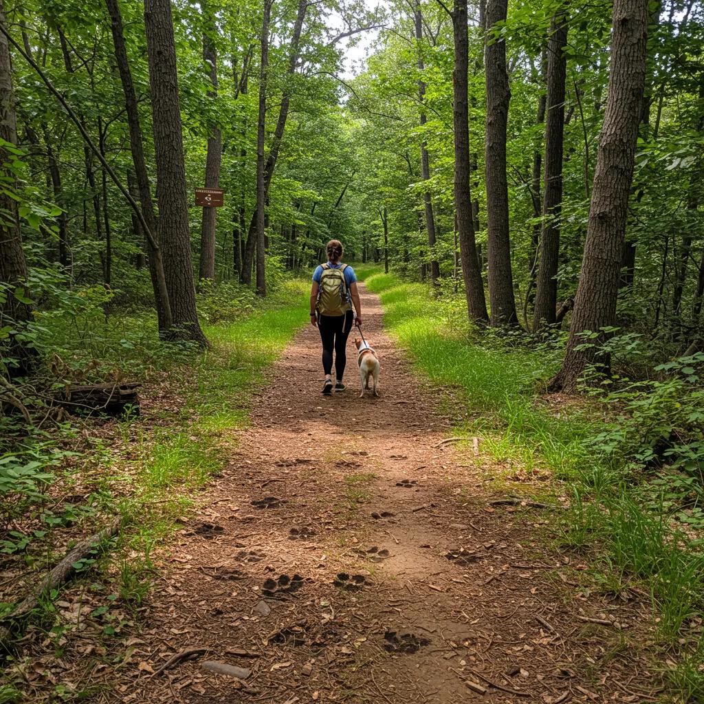 Dog on a leash with owner on a hiking trail for wildlife safety