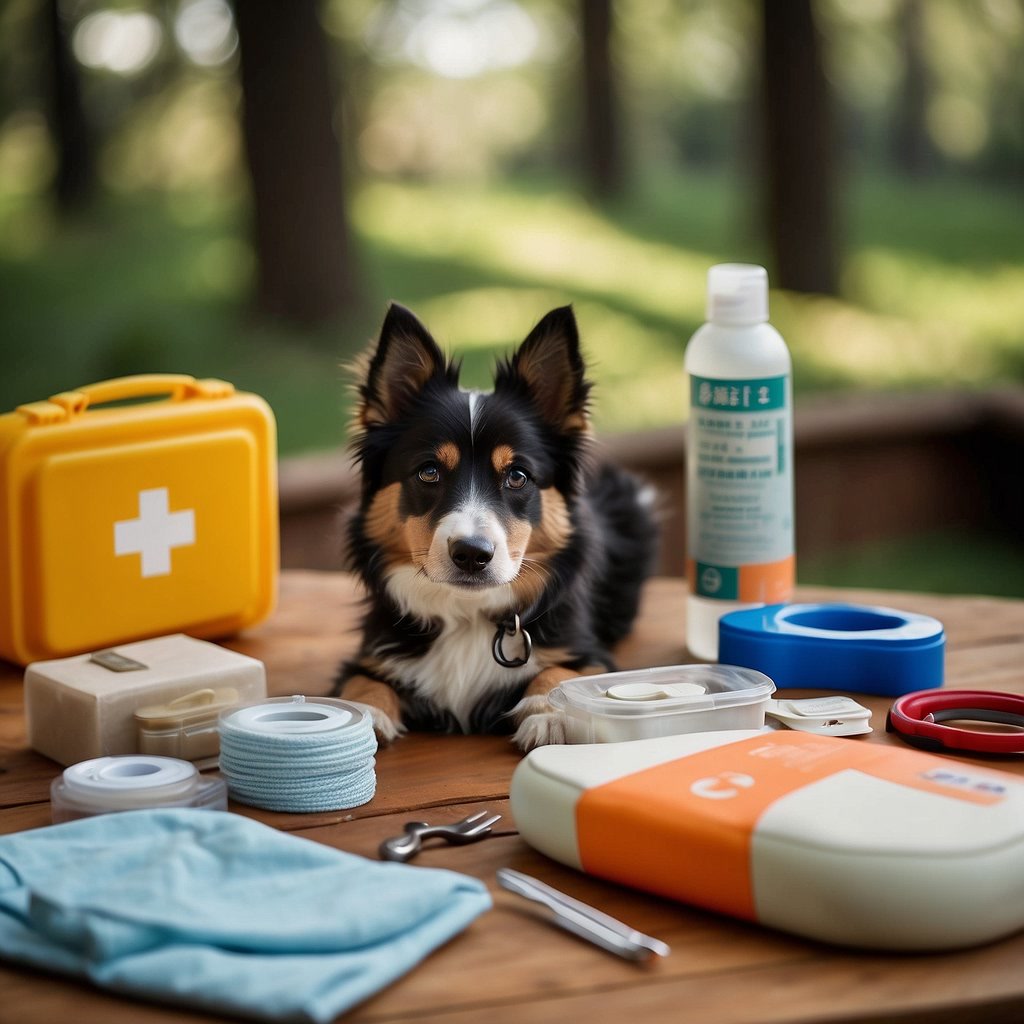Dog first aid kit contents spread out on a wooden picnic table at a campsite